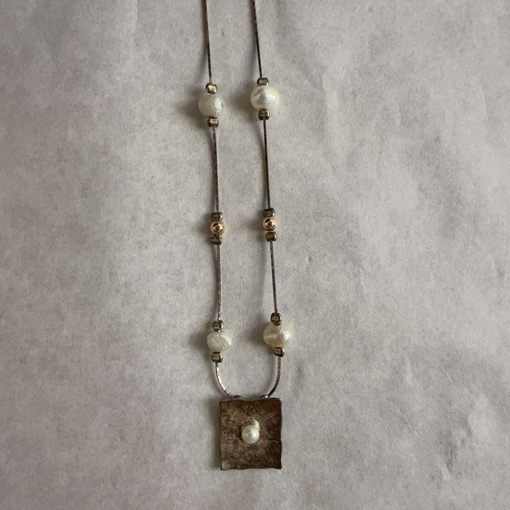 Sterling Silver 925 Pearl Square Pendant Necklace Israel Artisan Choker